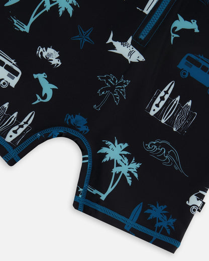 Haut de protection anti-UV à manches longues imprimé bleu clair sur noir