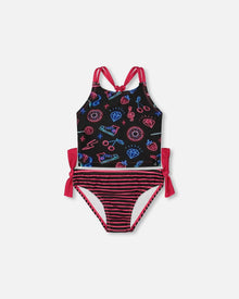 Printed Two-Piece Swimsuit Black And Blue And Pink Items