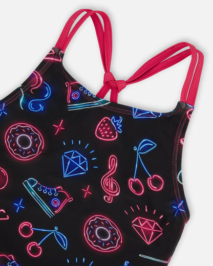 Printed Two-Piece Swimsuit Black And Blue And Pink Items