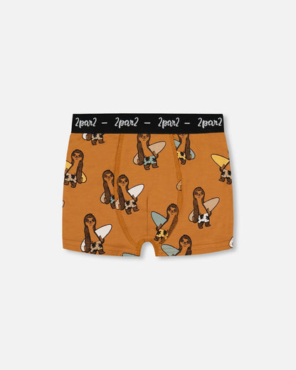 Boxer Coton Biologique Imprimé Paresseux sur Fond Fauve