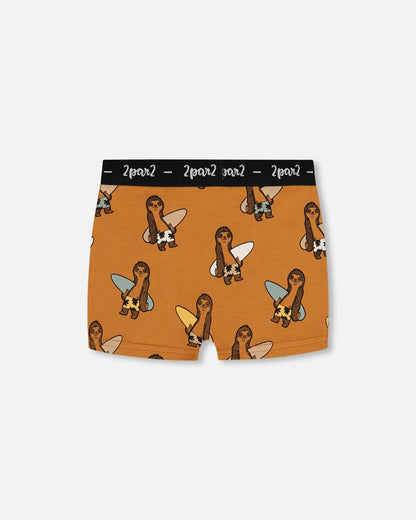 Boxer Coton Biologique Imprimé Paresseux sur Fond Fauve