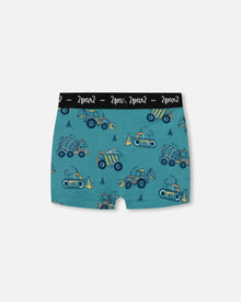 Printed Organic Cotton Boxer Shorts Teal With Yellow Truck