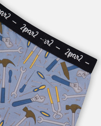 Printed Organic Cotton Boxer Shorts Tools On Bluish Gray Background