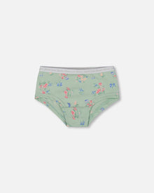 Culotte Garçon Imprimée en Coton Biologique Petites Fleurs Roses et Bleues sur Sauge Claire