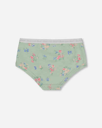 Culotte Garçon Imprimée en Coton Biologique Petites Fleurs Roses et Bleues sur Sauge Claire