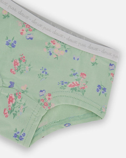 Culotte Garçon Imprimée en Coton Biologique Petites Fleurs Roses et Bleues sur Sauge Claire