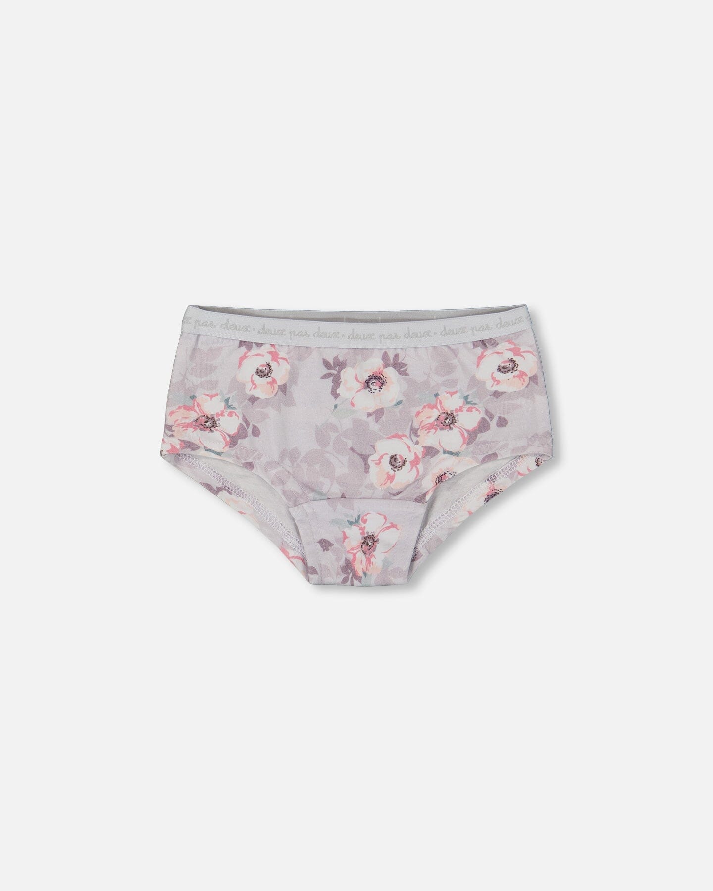 Culotte courte imprimée en coton biologique, motif fleurs roses pâles sur lilas neutre