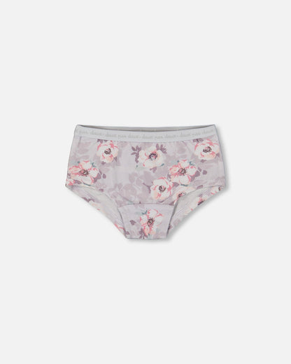 Culotte courte imprimée en coton biologique, motif fleurs roses pâles sur lilas neutre