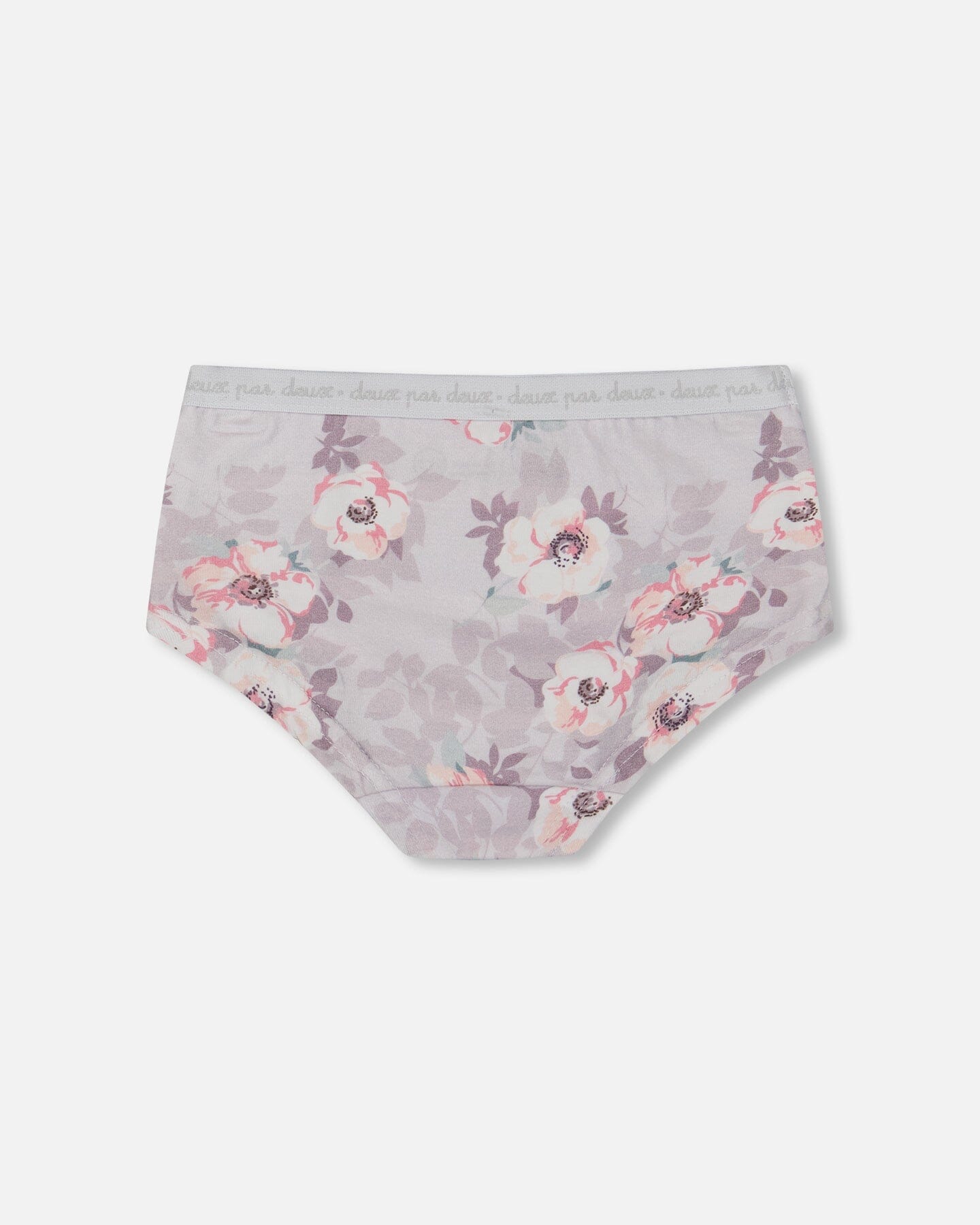 Culotte courte imprimée en coton biologique, motif fleurs roses pâles sur lilas neutre