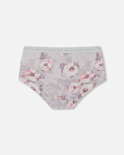 Culotte courte imprimée en coton biologique, motif fleurs roses pâles sur lilas neutre