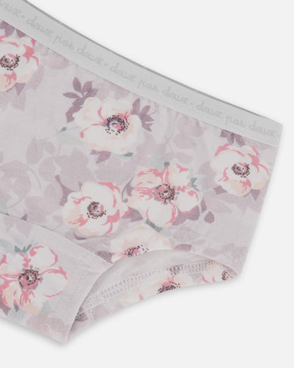 Culotte courte imprimée en coton biologique, motif fleurs roses pâles sur lilas neutre