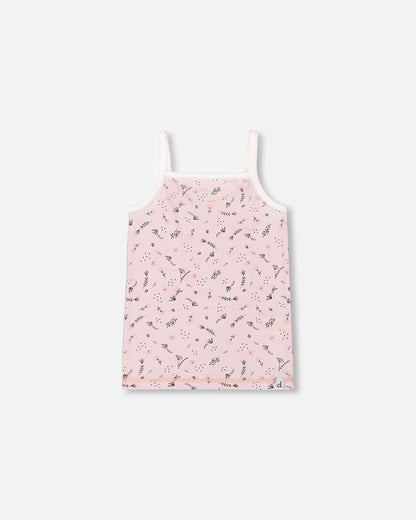 Débardeur en coton biologique imprimé petites fleurs roses sur fond rose pâle
