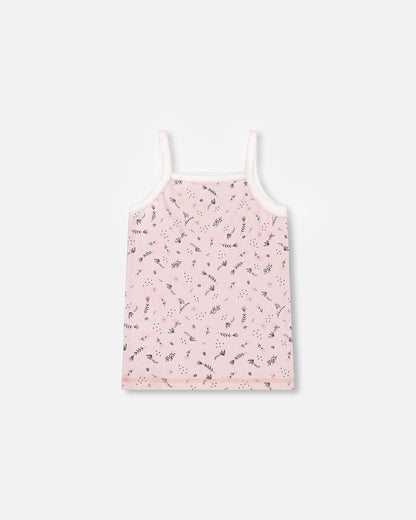 Débardeur en coton biologique imprimé petites fleurs roses sur fond rose pâle