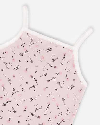 Débardeur en coton biologique imprimé petites fleurs roses sur fond rose pâle