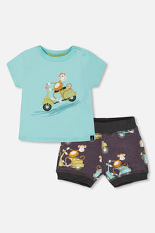 Two-Piece Top And Short Set Monkey On Navy And Turquoise Moped