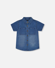 Chemise boutonnée à manches courtes denim bleu foncé