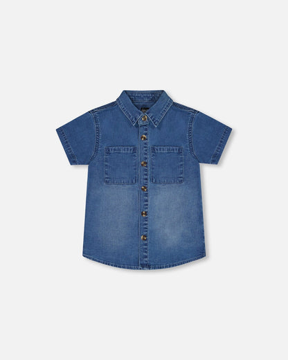 Chemise boutonnée à manches courtes denim bleu foncé