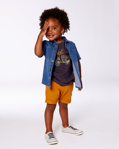 Chemise boutonnée à manches courtes denim bleu foncé