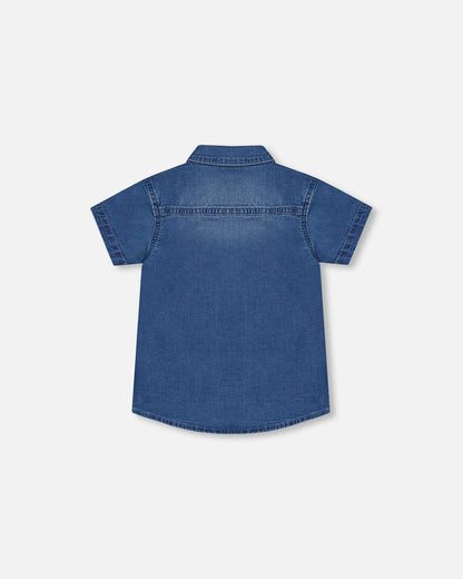 Chemise boutonnée à manches courtes denim bleu foncé