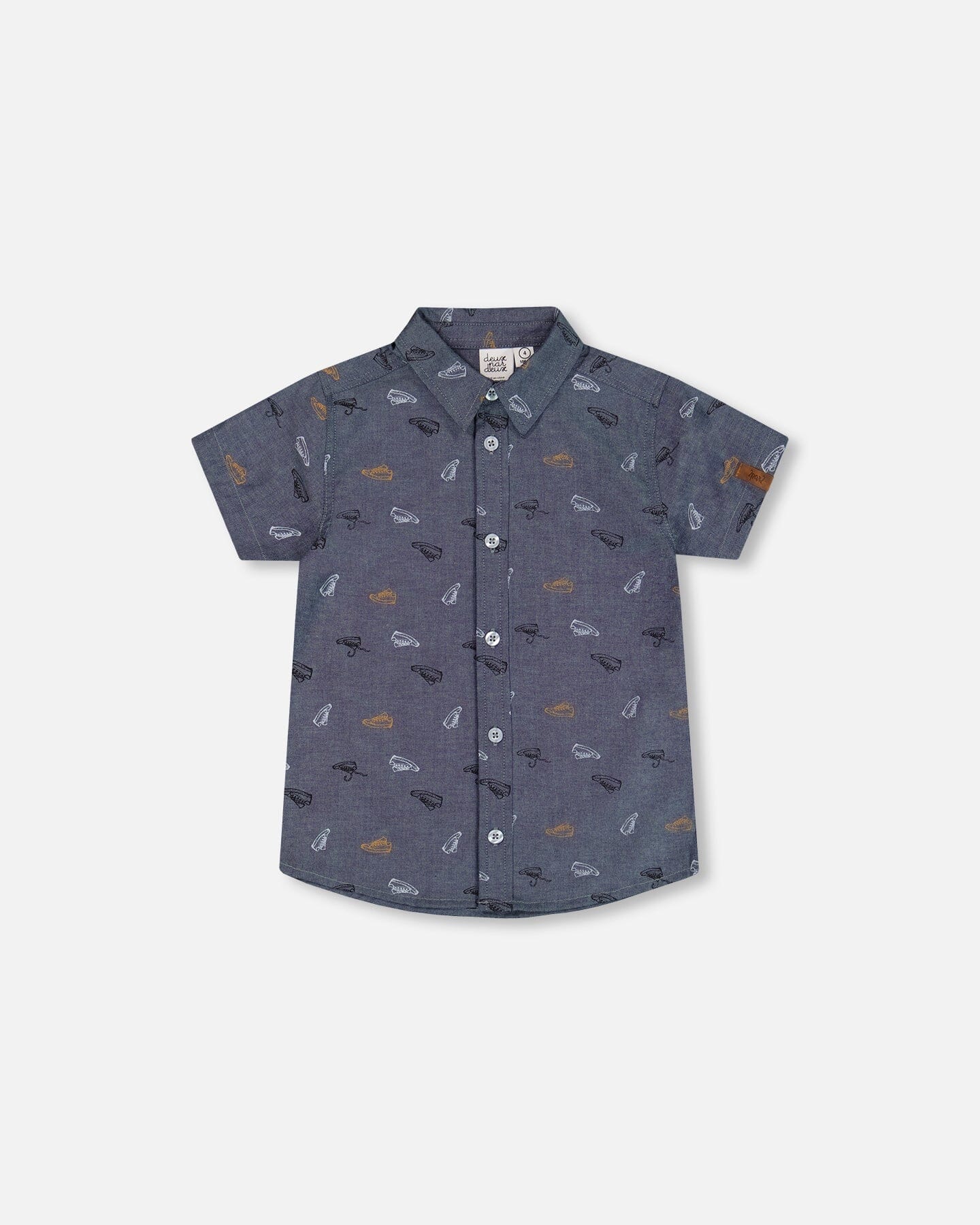 Chemise à manches courtes en chambray imprimé gris, blanc et havane
