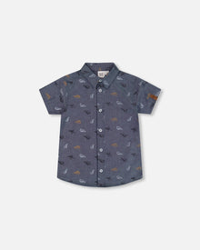 Printed Chambray Short Sleeve Shirt Gray, White And Tan