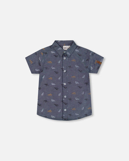 Chemise à manches courtes en chambray imprimé gris, blanc et havane