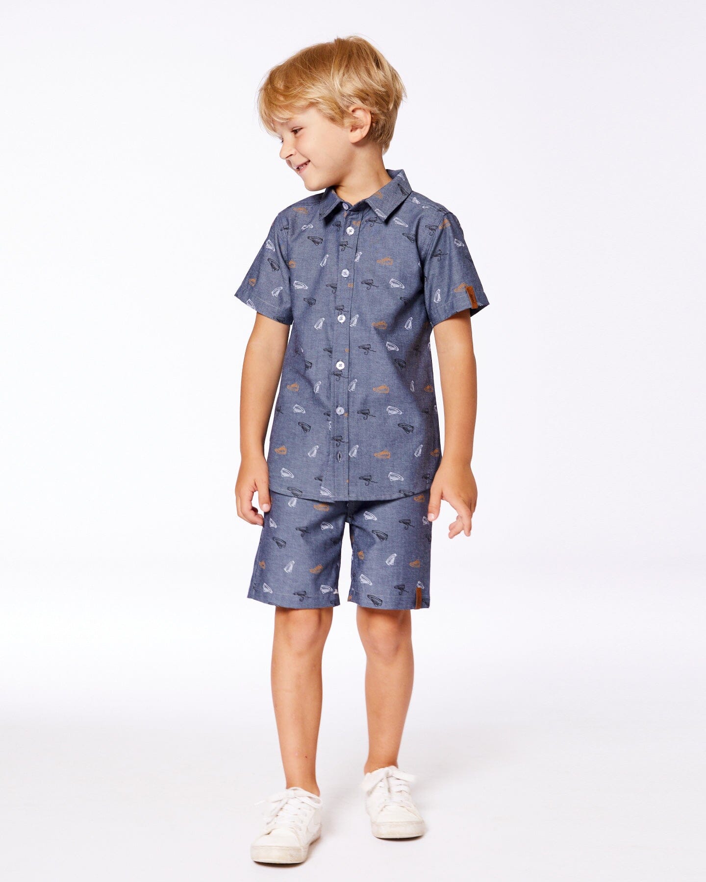 Chemise à manches courtes en chambray imprimé gris, blanc et havane