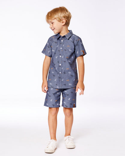 Chemise à manches courtes en chambray imprimé gris, blanc et havane