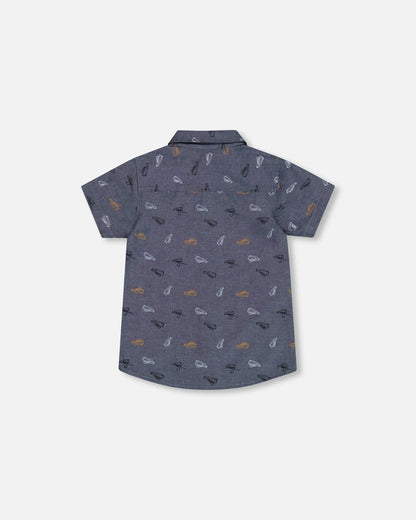 Chemise à manches courtes en chambray imprimé gris, blanc et havane