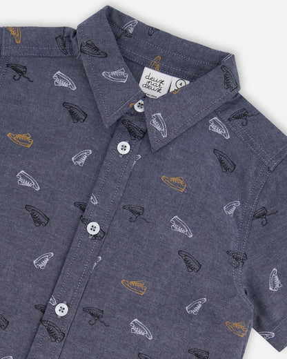 Chemise à manches courtes en chambray imprimé gris, blanc et havane