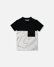T-shirt color block en coton biologique avec poche Noir et blanc cassé
