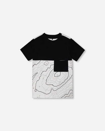 T-shirt color block en coton biologique avec poche Noir et blanc cassé