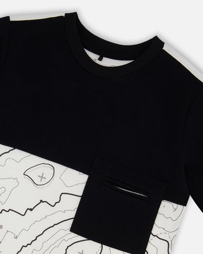 T-shirt color block en coton biologique avec poche Noir et blanc cassé