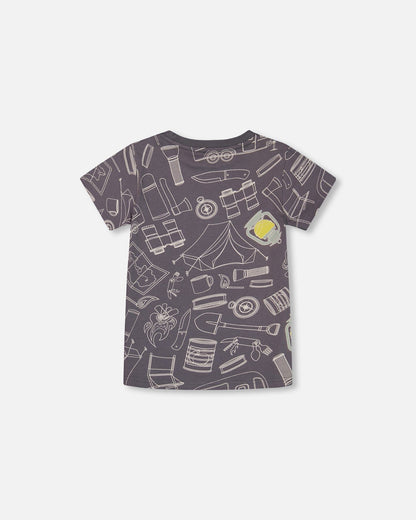 Printed Organic Cotton Tee Grayish Blue And Camping