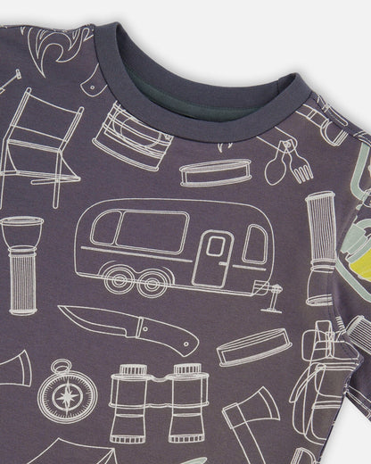 Printed Organic Cotton Tee Grayish Blue And Camping