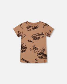 T-shirt imprimé en coton biologique dinosaures beiges et noirs