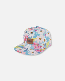 Casquette imprimée fleurs blanches, roses et vertes