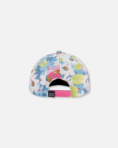 Casquette imprimée fleurs blanches, roses et vertes