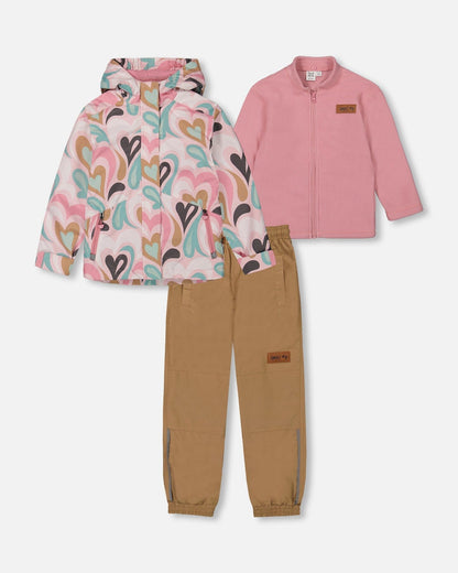 Ensemble d'extérieur mi-saison 3-en-1 avec veste imprimée rose clair et pantalon beige