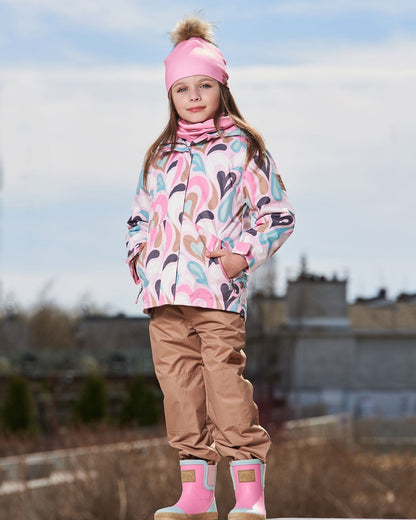 Ensemble d'extérieur mi-saison 3-en-1 avec veste imprimée rose clair et pantalon beige