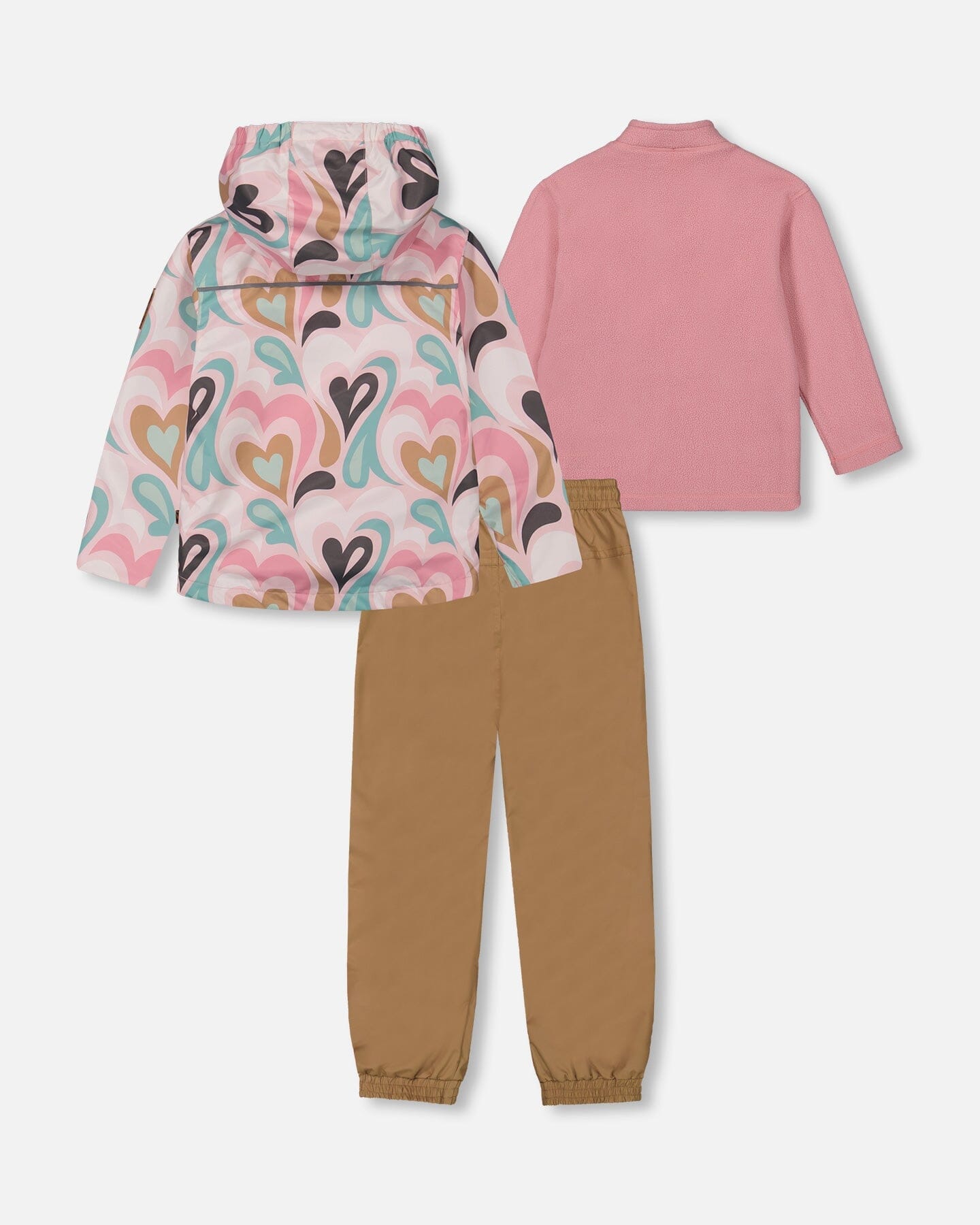 Ensemble d'extérieur mi-saison 3-en-1 avec veste imprimée rose clair et pantalon beige