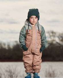Combinaison mi-saison bébé avec chapeau colorblock vert pâle, sauge et beige