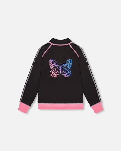Printed Reversible Full Zip Athletic Cardigan Pink, Blue And Butterflies