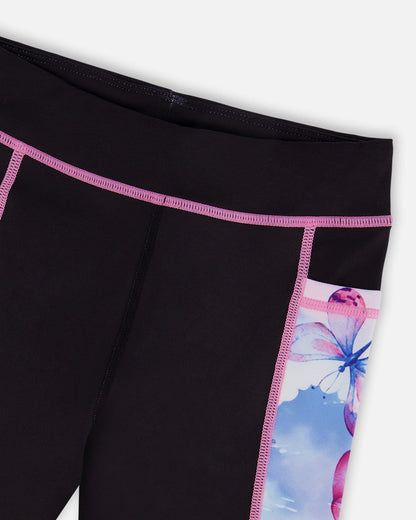 Colorblock Athletic Leggings Black And Multicolored Butterflies