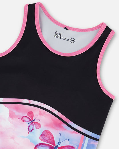 Colorblock Athletic Tank Top Black With Butterflies Printed
