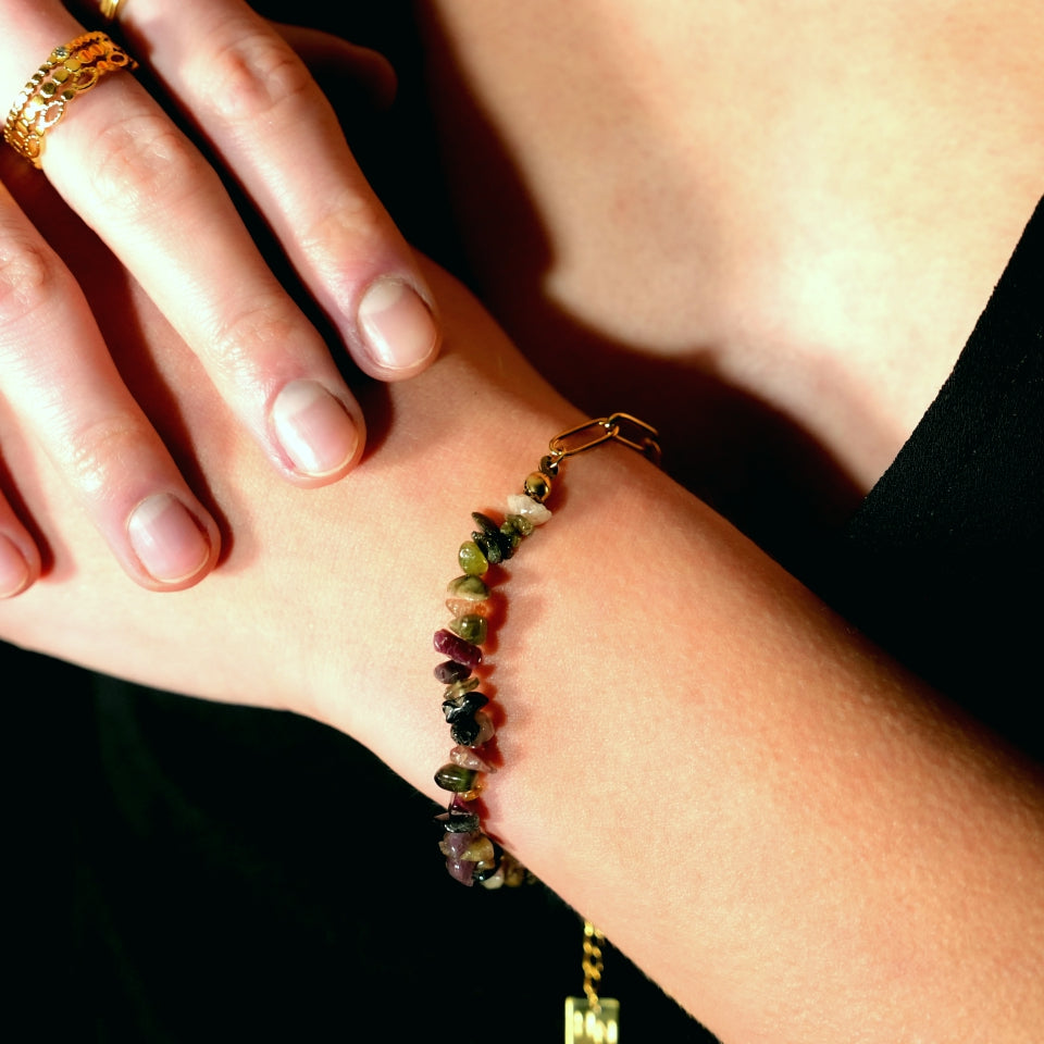 Bracelet combinaison Chaîne maillons trombones GIRADOT et Pierres gemmes TOURMALINE