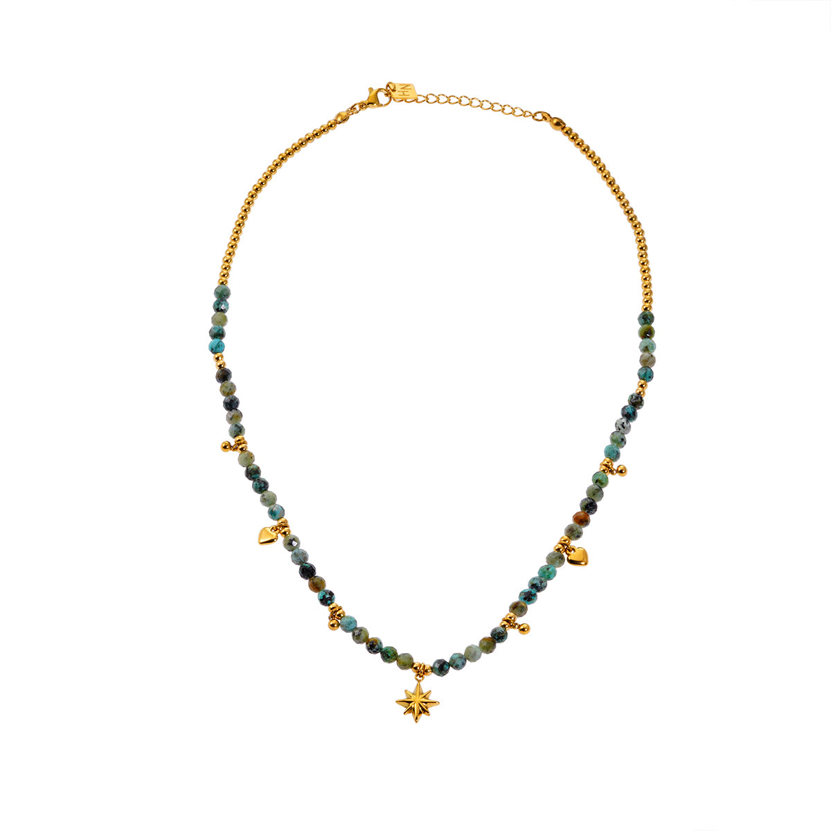 Collier chaîne Style GITANJI : Pierres de Turquoise Bleue avec Perles et Breloques Dorées