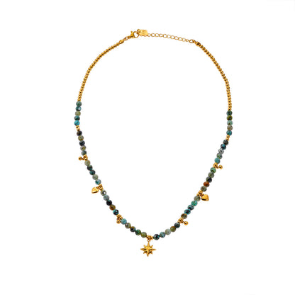 Collier chaîne Style GITANJI : Pierres de Turquoise Bleue avec Perles et Breloques Dorées