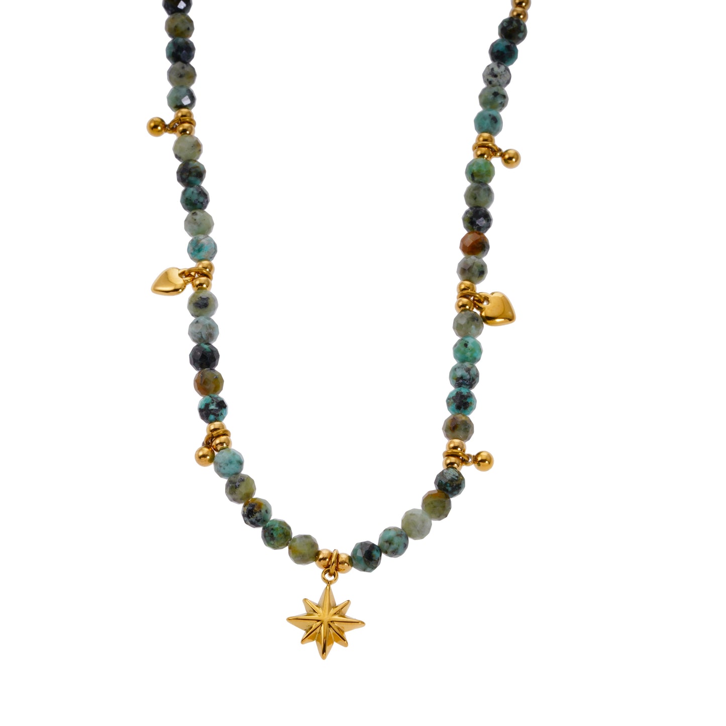 Collier chaîne Style GITANJI : Pierres de Turquoise Bleue avec Perles et Breloques Dorées