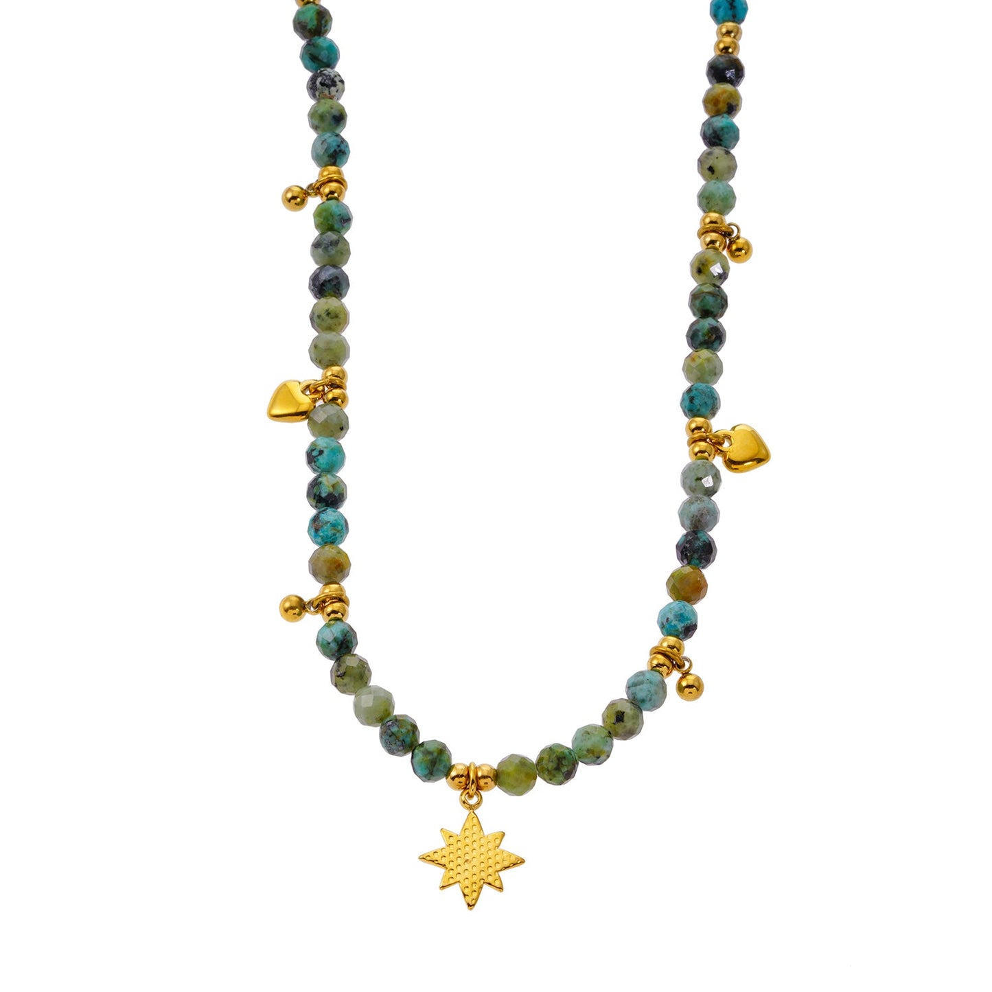 Collier chaîne Style GITANJI : Pierres de Turquoise Bleue avec Perles et Breloques Dorées